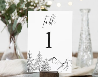 Mountain Table Number Cards, Printable Mountain Pine Wedding Table Number, Woodland, Rustic, Editable Template, Instant Download, Templett