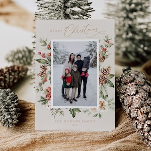 Karta świąteczna ze zdjęciem Szablon do druku Karta świąteczna ze zdjęciem Karta świąteczna, Edytowalna karta świąteczna, Boho Neutral, Pobierz Pine, 124