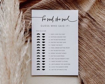 He Said She Said Bridal Shower Game, Modern Bridal Shower Template, Minimal, Guess Who Said It, Instant Download, Templett, 41