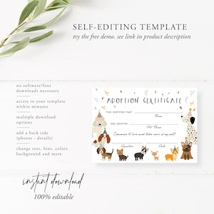 May include: Editable adoption certificate template with a colorful design featuring cartoon dogs wearing party hats. The certificate includes fields for the adopter's name, the pet's name, signature, and date.  "This certifies that ______ has adopted ______. I promise to love and take care of my pet!"