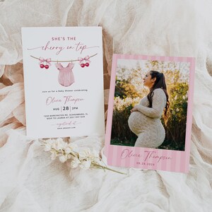 May include: Baby shower invitation with the text "She's the cherry on top" and a pink onesie illustration. A photo card with a pregnant person is also present. The event is for Olivia Thompson.