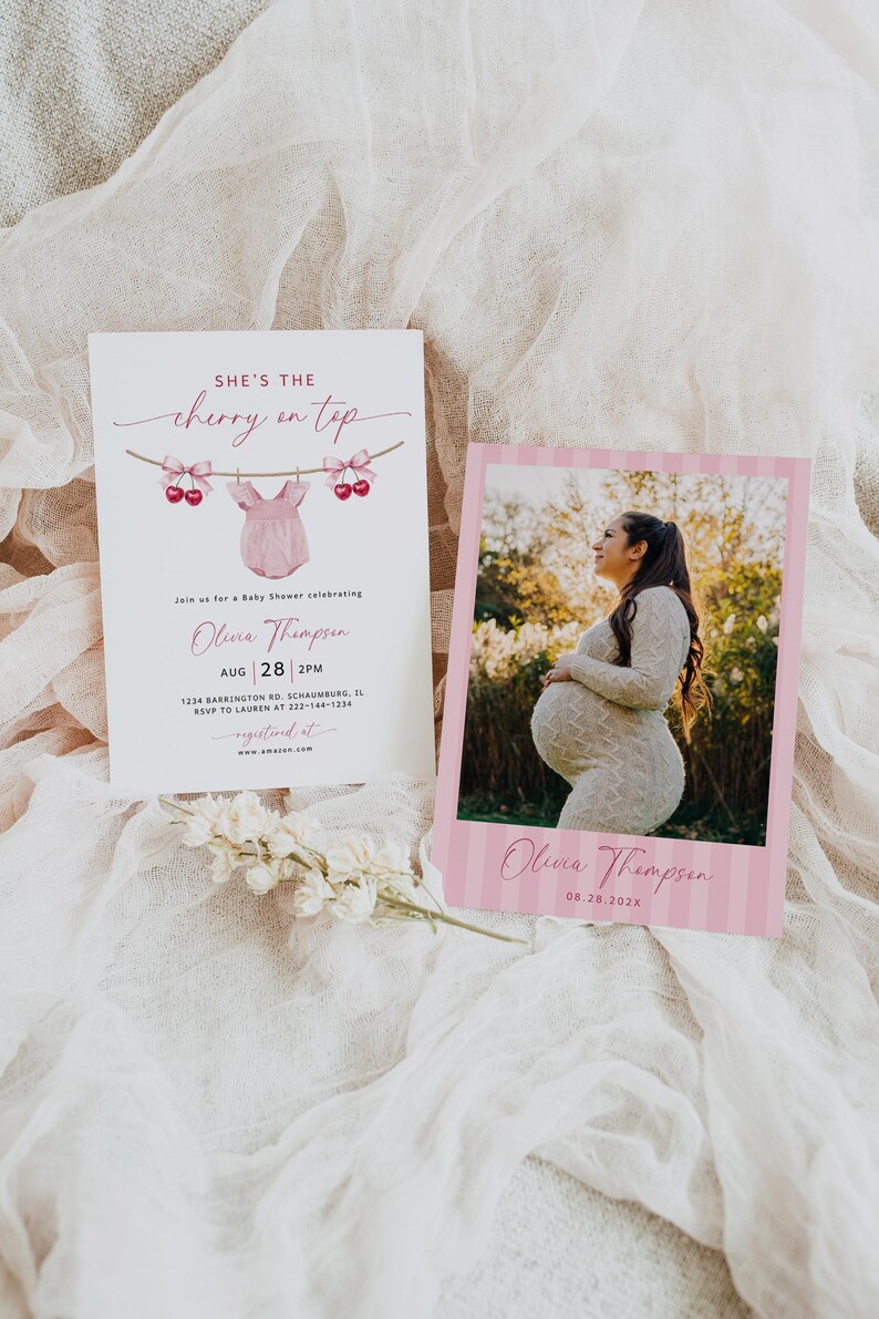 May include: Baby shower invitation with the text "She's the cherry on top" and a pink onesie illustration. A photo card with a pregnant person is also present. The event is for Olivia Thompson.