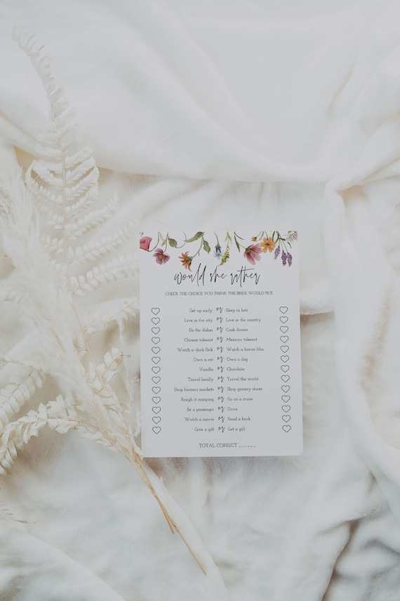 Would She Rather Bridal Shower Game, Wildflower Bridal Shower Template, Blue Bridal, Floral, Guess Who Said It, Instant Download, 55