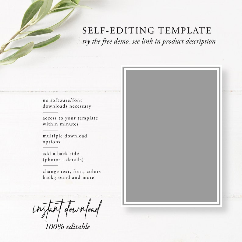 Peut inclure: Un fond en bois blanc avec un cadre carr&eacute; gris. Le texte "SELF-EDITING TEMPLATE" est en haut de l'image. Le texte "try the free demo. see link in product description" est sous le titre. Le texte "no software/font downloads necessary" est sur le c&ocirc;t&eacute; gauche de l'image. Le texte "access to your template within minutes" est sous la premi&egrave;re ligne de texte. Le texte "multiple download options" est sous la deuxi&egrave;me ligne de texte. Le texte "add a back side (photos - details)" est sous la troisi&egrave;me ligne de texte. Le texte "change text, font, colours background and more" est sous la quatri&egrave;me ligne de texte. Le texte "instant download" est sous la cinqui&egrave;me ligne de texte. Le texte "100% editable" est sous la sixi&egrave;me ligne de texte.