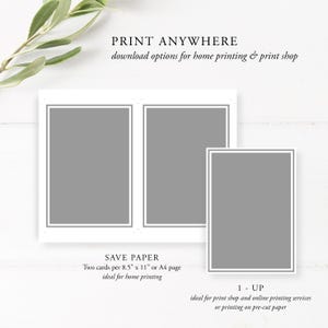 May include: White card templates with gray fill, featuring text: "PRINT ANYWHERE", "SAVE PAPER", and "1-UP". The templates are designed for home printing and print shops, offering options for 8.5" x 11" or A4 paper and pre-cut paper.