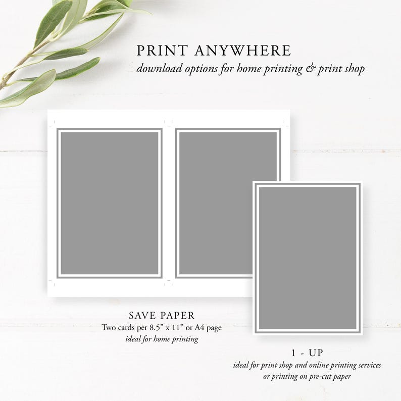 May include: White card templates with gray fill, featuring text: "PRINT ANYWHERE", "SAVE PAPER", and "1-UP". The templates are designed for home printing and print shops, offering options for 8.5" x 11" or A4 paper and pre-cut paper.
