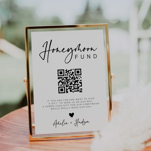 Honeymoon Fund QR Code Sign, Wedding Honeymoon Fund Sign, Venmo QR Code Modern Wedding Sign, Modern Wedding, Editable, Template, 003 image 1