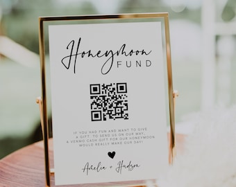 Signo de código QR del fondo de luna de miel, signo del fondo de luna de miel de la boda, signo de boda moderno del código QR de Venmo, boda moderna, editable, plantilla, 003