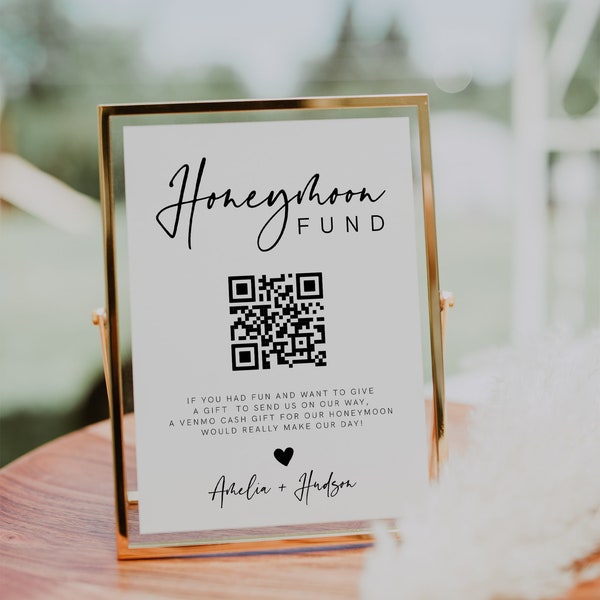 Honeymoon Fund QR Code Sign, Wedding Honeymoon Fund Sign, Venmo QR Code Modern Wedding Sign, Modern Wedding, Editable, Template, 003