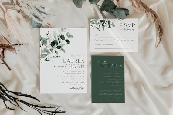 Greenery Wedding Invitation Template Set, Wedding Botanical Wedding Invitation, Leaves Invitation Suite, Printable , Instant Download, 80
