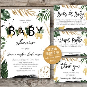 Safari Baby Shower Invitation Set, Diaper - Book - Thank You, Gold, Jungle Invitation, Safari Animals, Lion, Elephant, Instant Download,