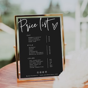 Price List Template, Small Business Price List, Editable Price Sheet, Pricing List, Black Salon Price List, Download, Modern, Minimal, 41N