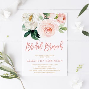 Pink Rose Bridal Brunch Invitation, Printable Invitation Template, Bridal Shower Invitation, Instant Download, Edit Yourself, Floral