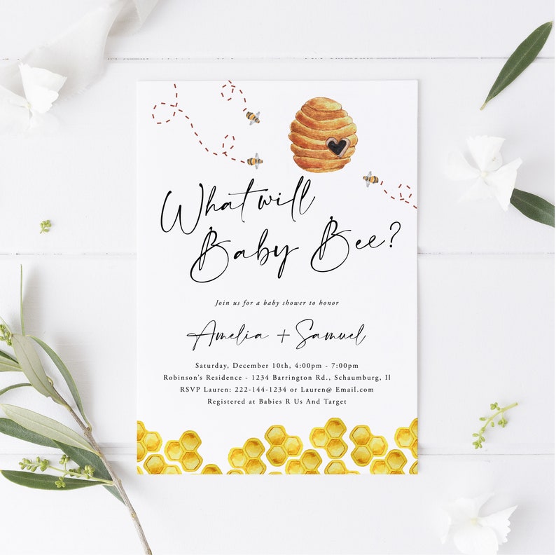 What Will Baby Bee Gender Reveal Party Invitation, Baby Bee, Gender Neutral, Gender Reveal, Honeycomb, Instant Download, Template image 3