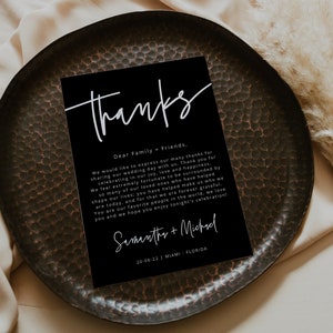 Modern Thank You Card, Black Thank You Letter Note, Printable Wedding Menu Thank You, Editable Template, Instant Download, Templett, 41 image 2