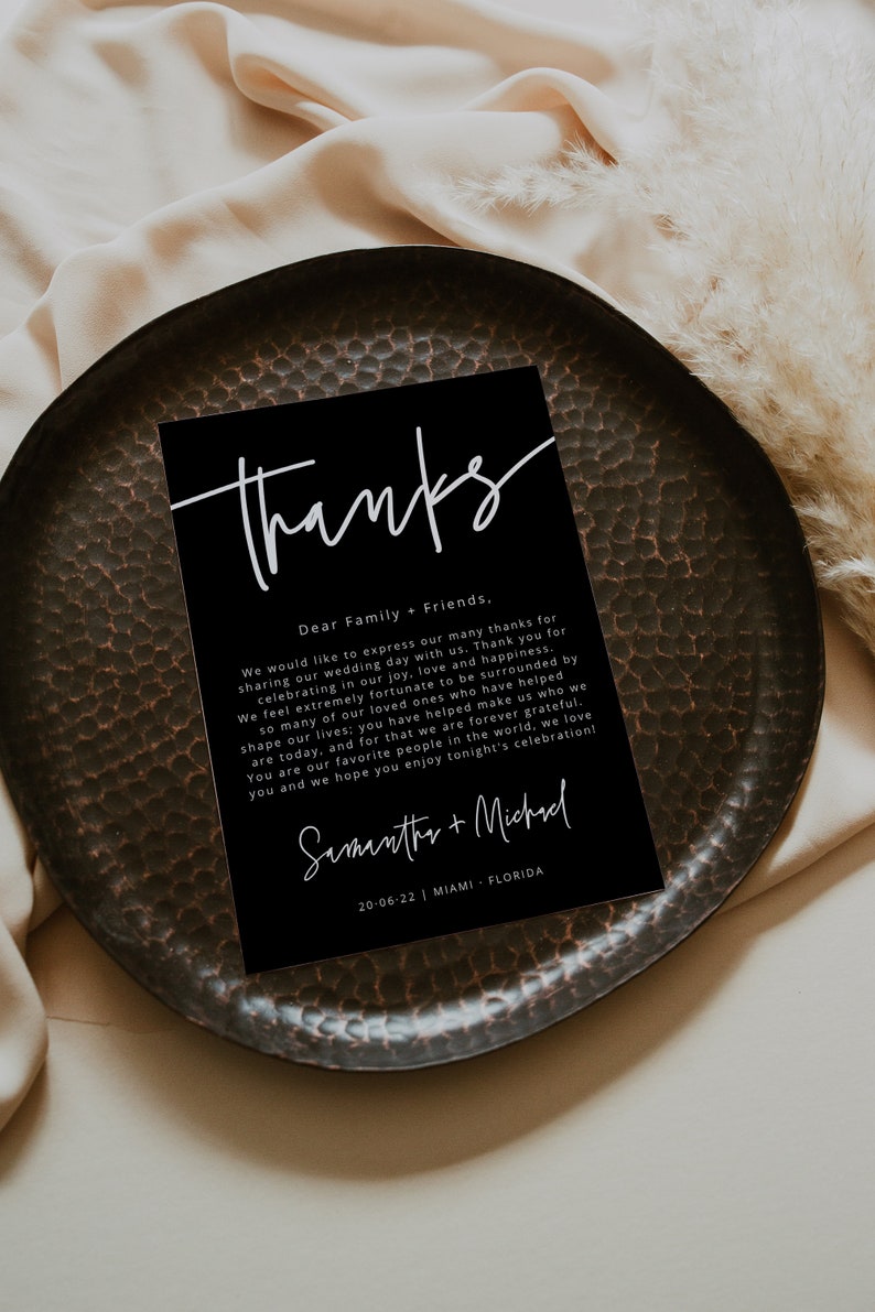 Modern Thank You Card, Black Thank You Letter Note, Printable Wedding Menu Thank You, Editable Template, Instant Download, Templett, 41 image 2