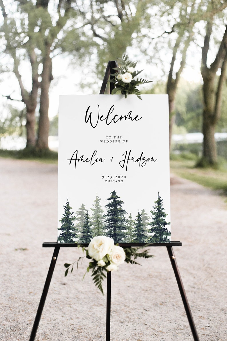 Pine Welcome Sign, Lake, Printable Wedding Rustic Pine Mountain, Bridal Shower Sign, Editable Template, Instant Download, Templett, 005 image 1