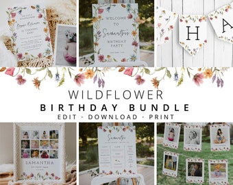 Wildflower Birthday Invitation Bundle, Little Wildflower Birthday Invitation, Girl 1st Birthday, First Birthday Decorations, Template, 55
