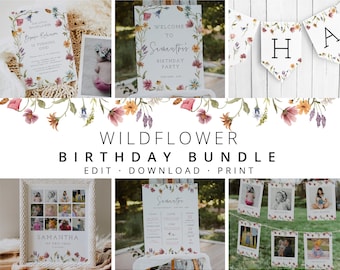 Wildflower Birthday Invitation Bundle, Girl First Birthday (Digital Download)