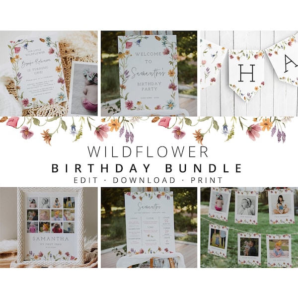 Wildflower Birthday Invitation Bundle, Little Wildflower Birthday Invitation, Girl 1st Birthday, First Birthday Decorations, Template, 55