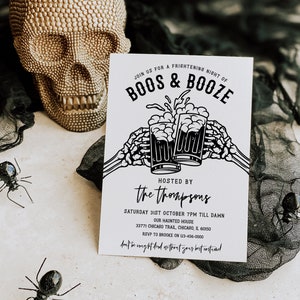 Skeleton Boos & Booze Halloween Party Invitation Template, Printable Fun Beer Invite, Editable Adult Halloween Invite, Instant Download