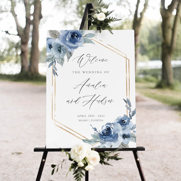 Dusty Blue Welcome Sign, Blue Wedding, Printable Wedding Welcome, Bridal Shower Sign, Editable Template, Instant Download, Templett, 06