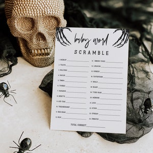 Halloween Word Scramble Baby Shower Game Template, Skull Baby Shower Puzzle Printable, Instant Download, A Little Boo, Skull, 69