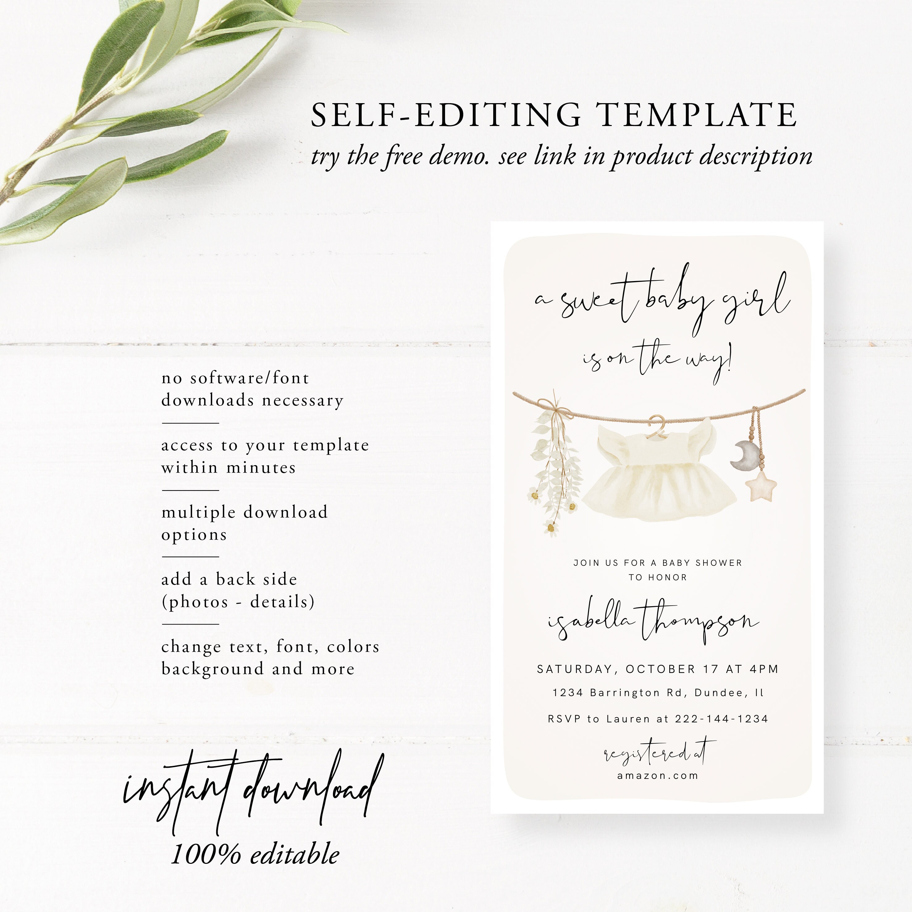Girl Baby Shower Text Message Invitation Template, Electronic, Girl ...