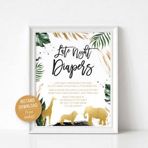 Safari Baby Shower Late Night Diapers Sign, 8x10, Gold, Jungle, Safari Animals, Lion, Elephant, Giraffe, Instant Download