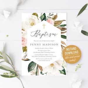 Invitation Girl Baptism Flower,  Blush Floral Pink, Baptism Invitation, Editable invitation, Magnolia Baptism Invitation, Instant, 49