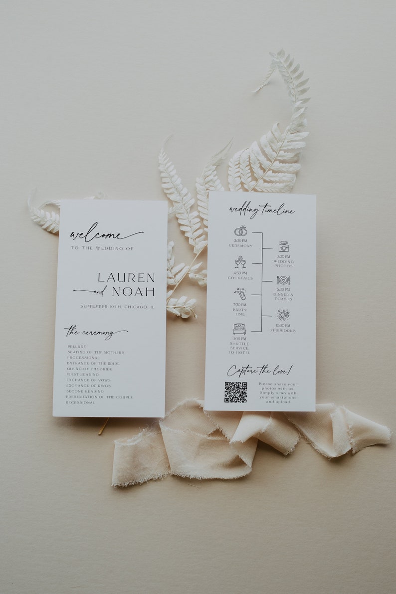 May include: Two white cards with black text. The left card says "Welcome to the wedding of Lauren and Noah, September 10th, Chicago, IL." The right card says "Wedding Timeline" and lists the times for the ceremony, wedding photos, cocktails, dinner and toasts, party time, shuttle service to hotel, and fireworks. The cards are on a light brown background with a white fern.