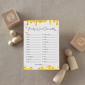 Baby Word Scramble Game, Printable Baby Word Puzzle, Honey Bee Baby Shower, Instant Download, Templett