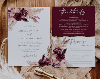 Wedding Invitation Template Set, Printable, Boho Invitation Suite, Instant Download, Burgundy Wedding, Pampas, Editable, Instant, 26