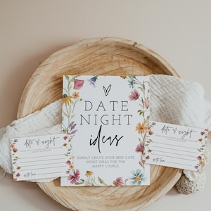 Plantilla de tarjeta para una noche de cita, juego de letreros con ideas para una noche de cita, despedida de soltera con flores silvestres, inserto de tarjeta para una noche de cita, bricolaje, editable, 55