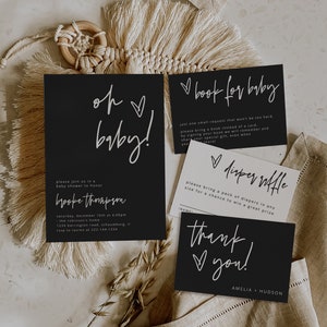 Modern Baby Shower Invitation Template Set, oh baby, Minimalist Baby Shower Invite, Black Baby Shower Invites, Editable, Download, 41 N