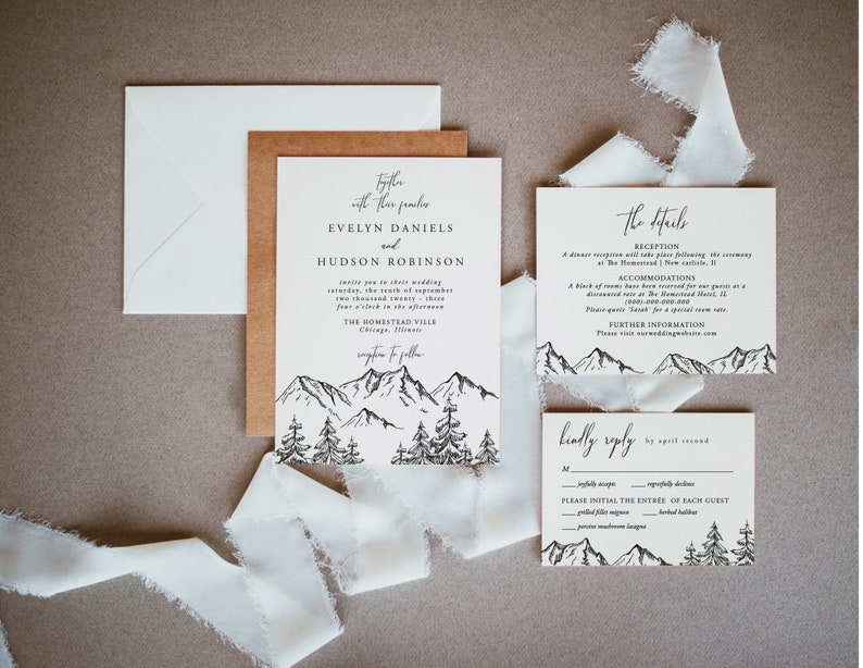 Mountain Wedding Invitation Set, Mountain, Woodland Pine, Rustic Wedding, Lakeside Editable Template, Instant Download, Templett, 001 image 1