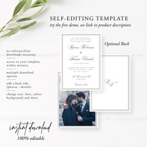 Puede incluir: Una plantilla de invitaci&oacute;n de boda con un dise&ntilde;o cl&aacute;sico. La invitaci&oacute;n presenta una tipograf&iacute;a elegante y una foto de una pareja. El texto incluye los nombres de la pareja, la fecha y el lugar. Tambi&eacute;n son visibles las palabras "descarga instant&aacute;nea" y "100% editable".