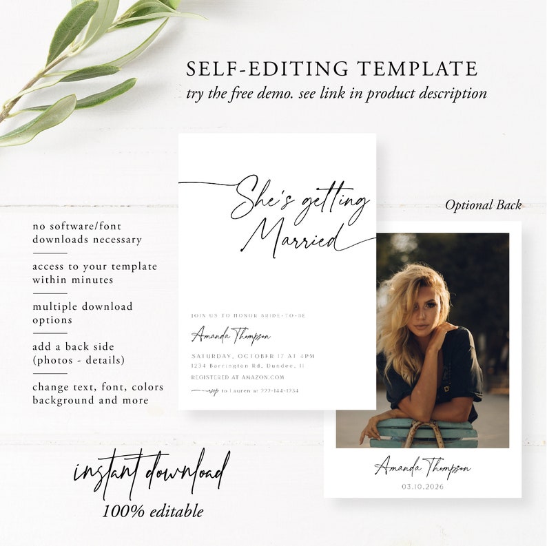 Puede incluir: Plantilla de invitaci&oacute;n de boda editable con fondo blanco y texto negro. El texto dice "Ella se casa". La plantilla incluye un espacio para el nombre de la novia, la fecha de la boda, la hora, el lugar y la informaci&oacute;n de registro. La plantilla tambi&eacute;n incluye un reverso opcional con una foto de la novia.