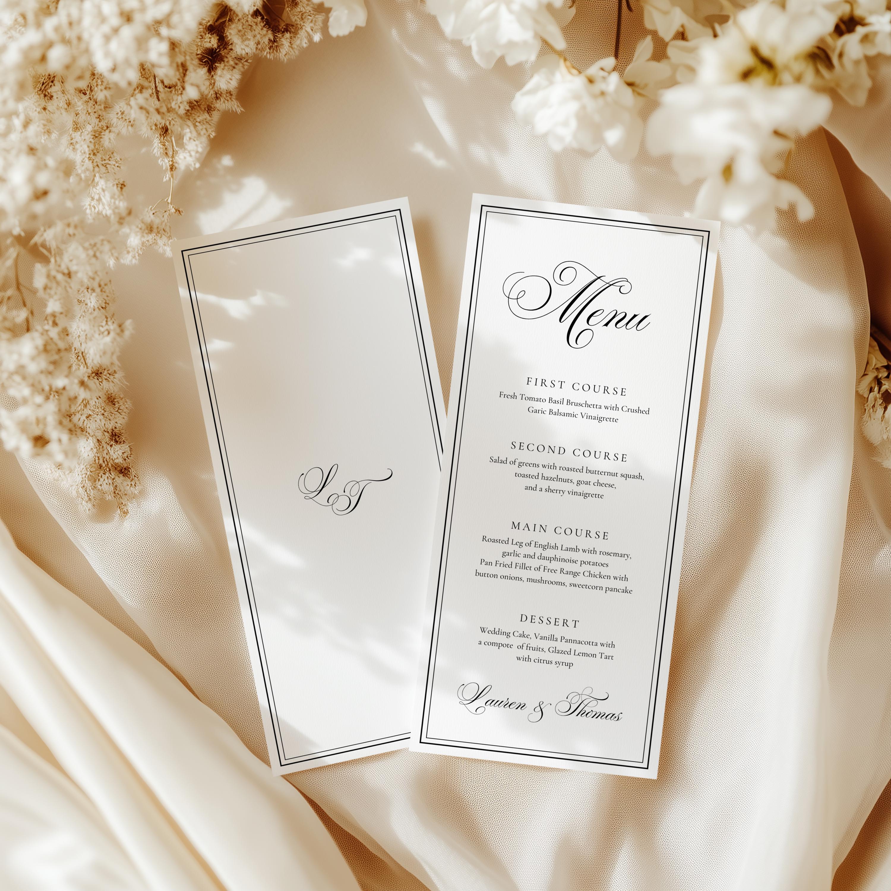 Elegant Wedding Menu Template, Formal Dinner Menu, Classic Black ...