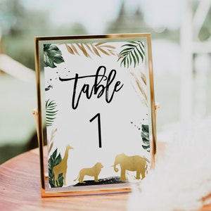 Plantilla de tarjeta de número de mesa de safari, número de mesa para baby shower de safari, animal: león, elefante, jungla, editable, descarga, hazlo tú mismo