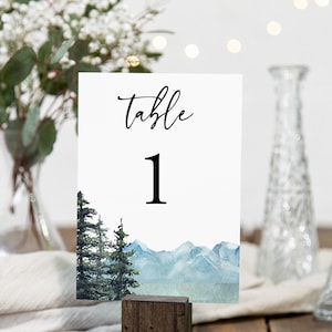 Cartões com números de mesa de montanha, números de mesa de casamento de pinheiros da montanha para impressão, floresta, lago, modelo editável, download instantâneo, 005