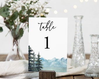 Mountain Table Number Cards, Printable Mountain Pine Wedding Table Number, Woodland, Lake, Editable Template, Instant Download, 005