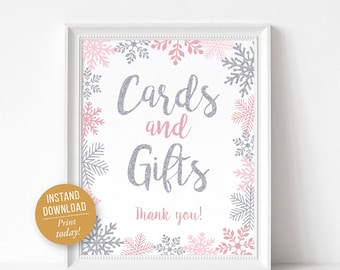 Gifts Sign Printable, Winter Wonderland Party Sign, Pink and Silver First Birthday Sign Pink, Printable PDF Files, INSTANT DOWNLOAD