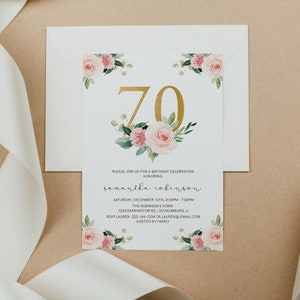 70th Birthday Invitation INSTANT DOWNLOAD, seventy Birthday, Adult, Women's, Templett, Watercolor, Foil, Floral, gold, Glitter image 5