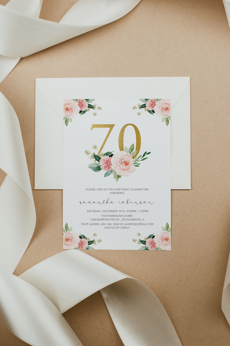 70th Birthday Invitation INSTANT DOWNLOAD, seventy Birthday, Adult, Women's, Templett, Watercolor, Foil, Floral, gold, Glitter image 5