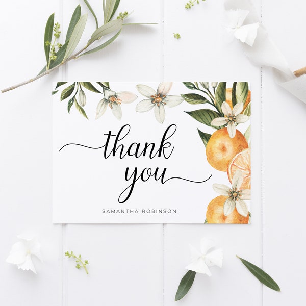 Citrus Thank You Card Template, Orange Baby Shower, Bridal Shower Thank You Folded Card, Note Card, Instant Download, Templett, 18