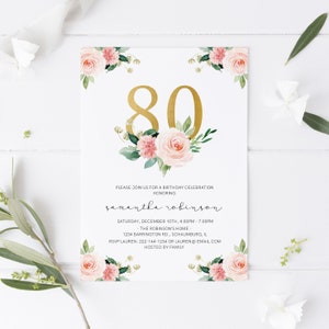 80e verjaardagsuitnodiging INSTANT DOWNLOAD, tachtig verjaardag, volwassene, dames, Templett, aquarel, folie, bloemen, bewerkbaar, sjabloon