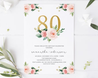 80th Birthday Invitation INSTANT DOWNLOAD, eighty Birthday, Adult, Women&#39;s, Templett, Watercolor, Foil, Floral, Editable, Template
