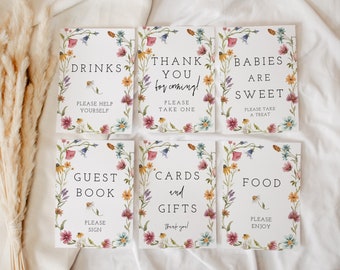Set di cartelli per baby shower con fiori di campo, baby shower floreale, baby shower con fiori rosa, 5x7, 8x10, cartello per baby shower boho, modificabile, modello, 55