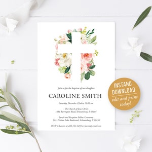 Baptism Invitation - Baptism Invitation Girl  - Printable Invitation - First Communion - Flower - Editable Template - Instant Download